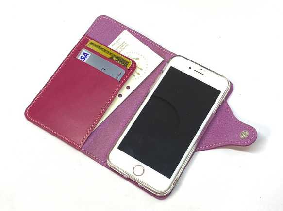 iPhoneSE3/ SE2/8/7手帳型ケース 日本製　イタリアンレザー　本革　ヌメ革　一枚革　ローズピンク 4枚目の画像