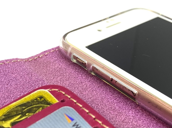 iPhoneSE3/ SE2/8/7手帳型ケース 日本製　イタリアンレザー　本革　ヌメ革　一枚革　ローズピンク 5枚目の画像