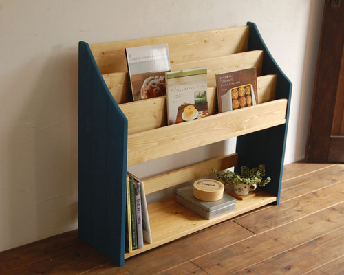 木の絵本棚Bタイプ W85 ブルー×ライトブラウン 本棚・絵本棚