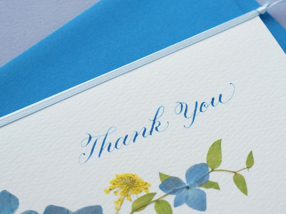 押し花とカリグラフィーのメッセージカード【Thank You】　あじさいとレースフラワーのお礼のカード 3枚目の画像