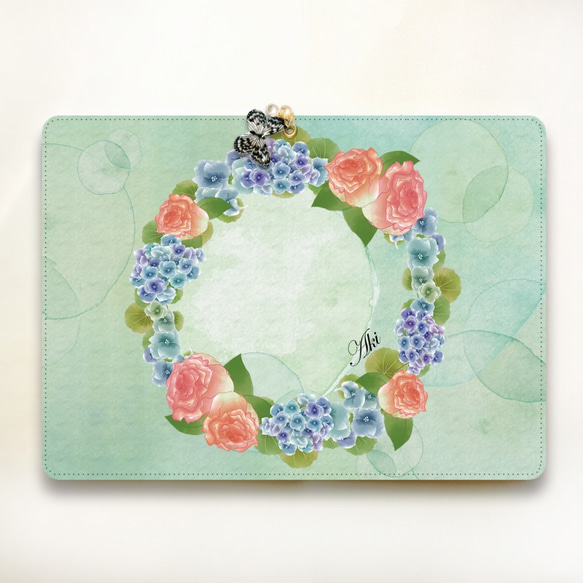 【名入れオーダー】6月　誕生花のタブレットケース　Lサイズ　蝶チャーム付き 2枚目の画像