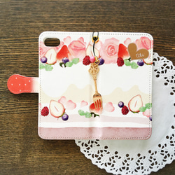 【スマホショルダーにもなる】フルーツとお花のケーキ 手帳型スマホケース　ピンク系　壁紙&ストラップ付き 3枚目の画像