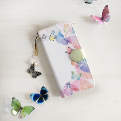 【スマホショルダーにもなる】蝶々の手帳型スマホケース　レインボー　壁紙&ストラップ付き 2枚目の画像