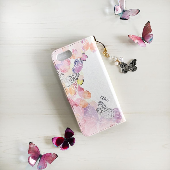 【スマホショルダーにもなる】蝶々の手帳型スマホケース　ピンク　壁紙&ストラップ付き 3枚目の画像
