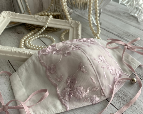 オシャレ マスク チュールレース リボン ループエンド ノーズワイヤー