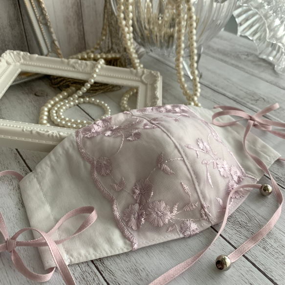 オシャレ マスク チュールレース リボン ループエンド ノーズワイヤー