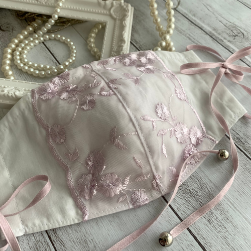 オシャレ マスク チュールレース リボン ループエンド ノーズワイヤー