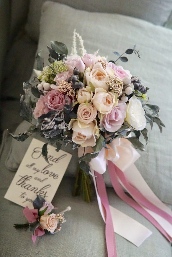 bouquet 'antique pink' アンティークピンク ホワイト グリーンのワイルドブーケ 2枚目の画像