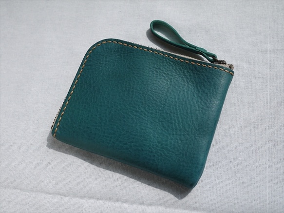 L字ファスナーのコンパクトな財布/ブルーグリーン 1枚目の画像