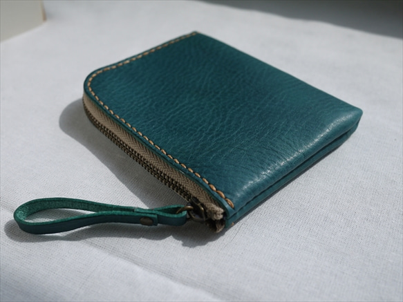 L字ファスナーのコンパクトな財布/ブルーグリーン 5枚目の画像