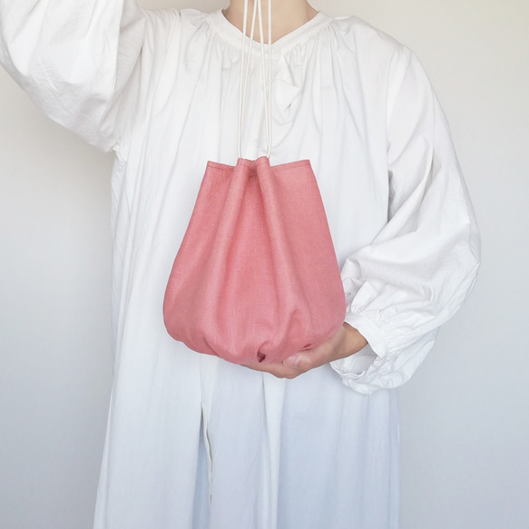 リネンギャザー巾着バッグ　コーラルピンク　[受注生産] 2枚目の画像