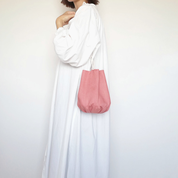 リネンギャザー巾着バッグ　コーラルピンク　[受注生産] 3枚目の画像