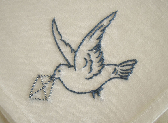 小鳥のリネンハンカチ(White+Blue) 2枚目の画像