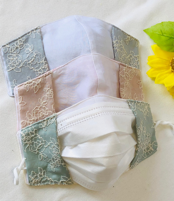☆New！夏の不織布マスクカバー✳︎薔薇のお花刺繍のマスクカバー　高島ちぢみ　涼感　冷感　メッシュ 5枚目の画像