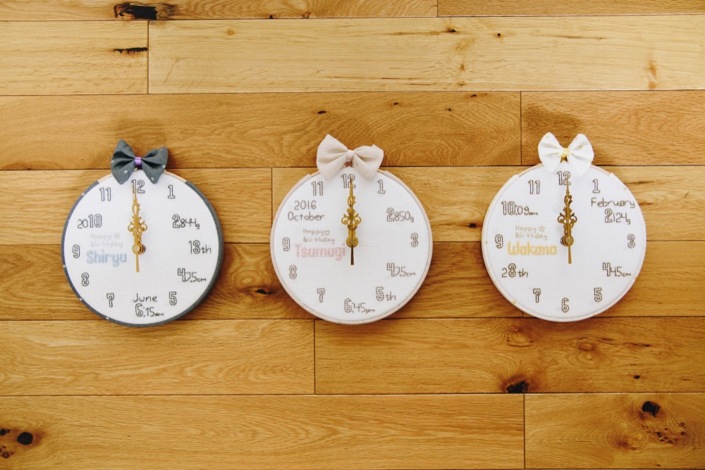 HappyBirthday 大切な人の誕生日 刺繍時計　リバティプリント・星の綿麻　オーダーメイド・名入れ