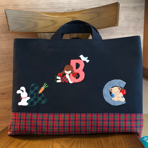 受注制作】ABC 英語 うさぎ くま 女の子 アップリケバッグ お受験