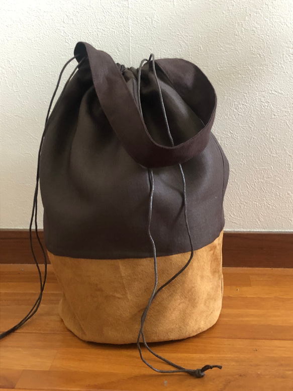 本革スエードとリネン で秋色の丸底バッグを作りました。試作品　バケツバッグ 4枚目の画像