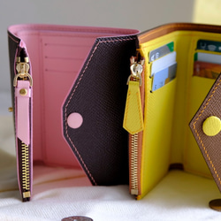 高級革使用　手縫い　三つ折り財布　ブラウンxピンク　コンパクト　ミニウォレット　財布　エプソン革　小物入れ 2枚目の画像