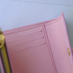 高級革使用　手縫い　三つ折り財布　ブラウンxピンク　コンパクト　ミニウォレット　財布　エプソン革　小物入れ 4枚目の画像