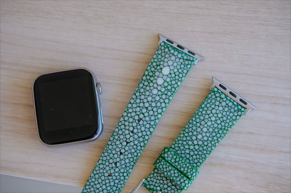 高級革使用 スティングレイ　エイ革　スターマーク　Applewatchベルト　腕時計 バンド　本革　グリーン 2枚目の画像