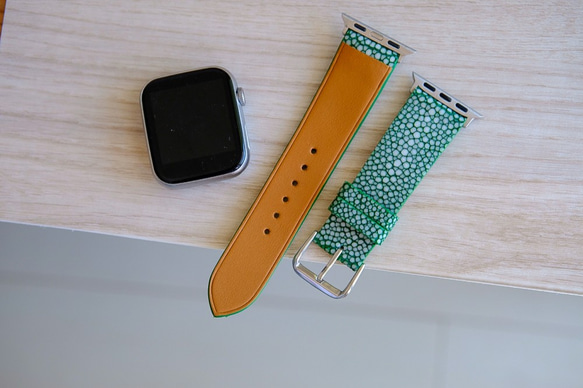 高級革使用 スティングレイ　エイ革　スターマーク　Applewatchベルト　腕時計 バンド　本革　グリーン 3枚目の画像