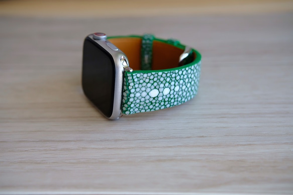 高級革使用 スティングレイ　エイ革　スターマーク　Applewatchベルト　腕時計 バンド　本革　グリーン 5枚目の画像