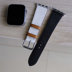 キャンペン中 アップルウォッチバンド　腕時計ベルト　スイフトレザー　ホワイトxブラック 1枚目の画像