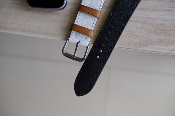 キャンペン中 アップルウォッチバンド　腕時計ベルト　スイフトレザー　ホワイトxブラック 3枚目の画像