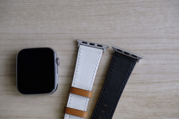 キャンペン中 アップルウォッチバンド　腕時計ベルト　スイフトレザー　ホワイトxブラック 4枚目の画像