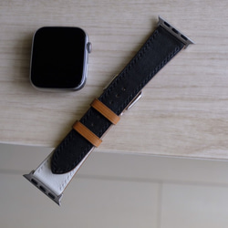 キャンペン中 アップルウォッチバンド　腕時計ベルト　スイフトレザー　ホワイトxブラック 5枚目の画像