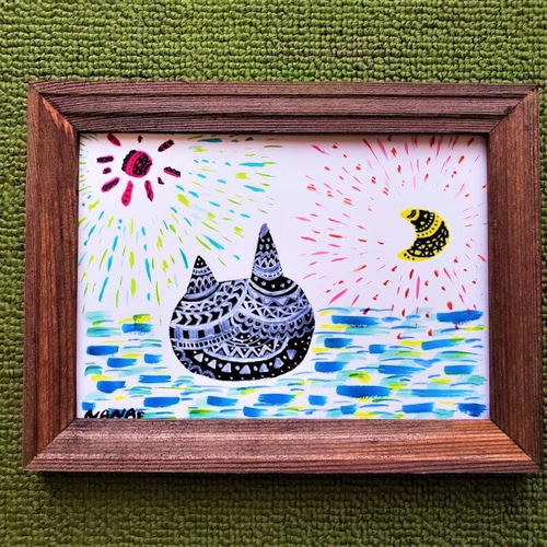 太陽と月と猫《抽象画シリーズ》水彩画 絵画 NANAE 通販