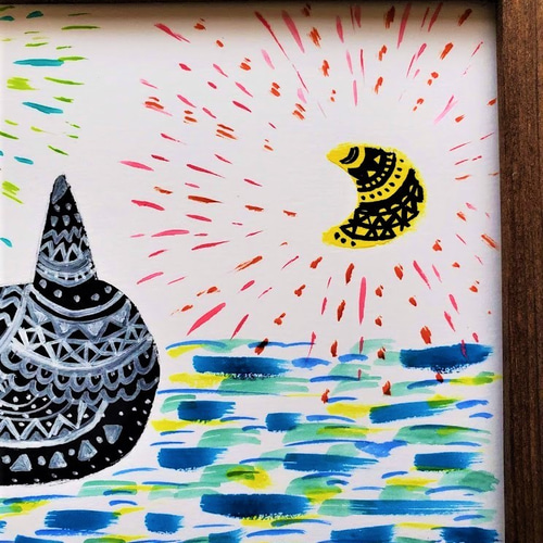太陽と月と猫《抽象画シリーズ》水彩画 絵画 NANAE 通販 10320120