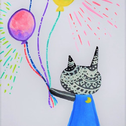 猫と風船《抽象画シリーズ》水彩画 3枚目の画像