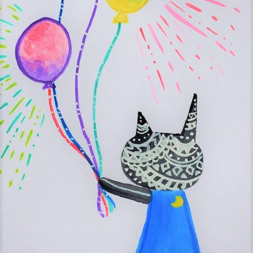猫と風船《抽象画シリーズ》水彩画 絵画 NANAE 通販 10458443