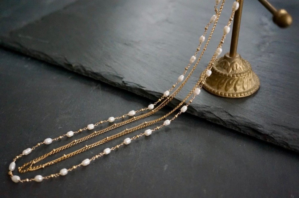 Signature - Necklace - blanc パール（ホワイト）× ゴールド 三連 ネックレス