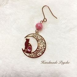 再販♡猫と月のピアス ピンク 3枚目の画像