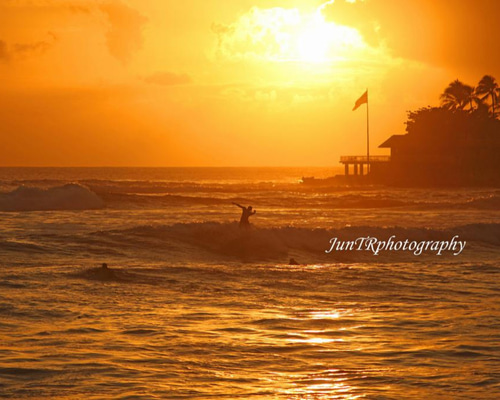 Stoked in Sunset】ハワイ海の写真 サーフィン ビーチ ヤシの木 南の島