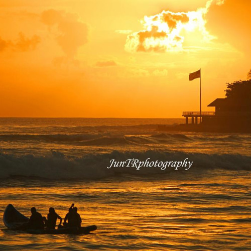Jan Hartman ヴィンテージ風景コラージュ 水彩 夕焼け　マウイ島 92 Departure】ハワイ写真 ビーチ 海 ヤシの木 南の島 カヌー サン