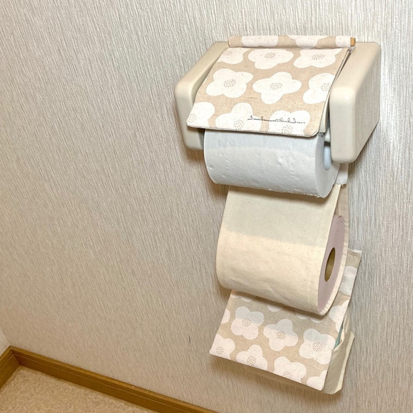 新作ウエア ☆白花☆帆布のナプキン入れ付きトイレットペーパーホルダー トイレ収納