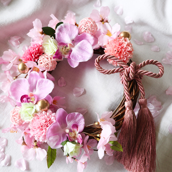 桜ピンクのお花見リース　桜リース　お花見　誕生日　春色新作　 1枚目の画像