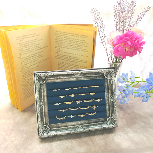 ジュエリーボックス★リングボックス★アンティークジュエリー★ネイビー★美品！ アンティークリング収納ケース ネイビーS〜 リングトレー