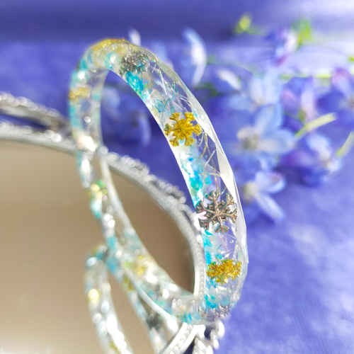 レジンバングル シルバー くすみブルー ローズクォーツ 天然石