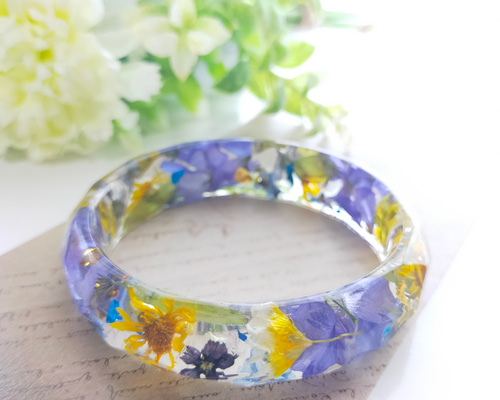 mejiroページ　レジンヘアゴム　5点 バングル1 点 ひまわり咲く頃のバングル〜 ブルー黄色 クリア レジン ハー