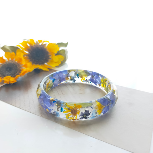 mejiroページ　レジンヘアゴム　5点 バングル1 点 ひまわり咲く頃のバングル〜 ブルー黄色 クリア レジン ハー