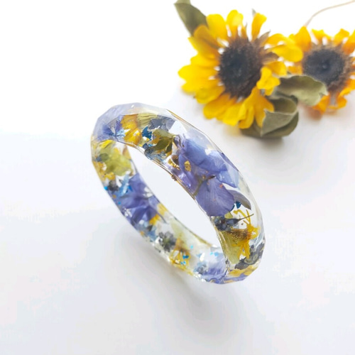 ひまわり咲く頃のバングル〜 ブルー黄色 クリア レジン ハー