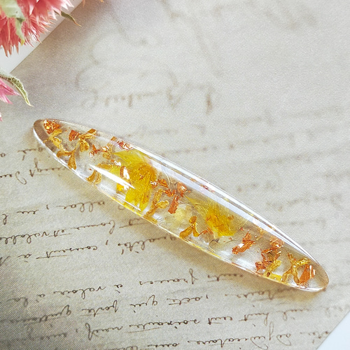 レジンヘアゴムトライアングルミモザメラスフェルライエローオレンジ大ぶり