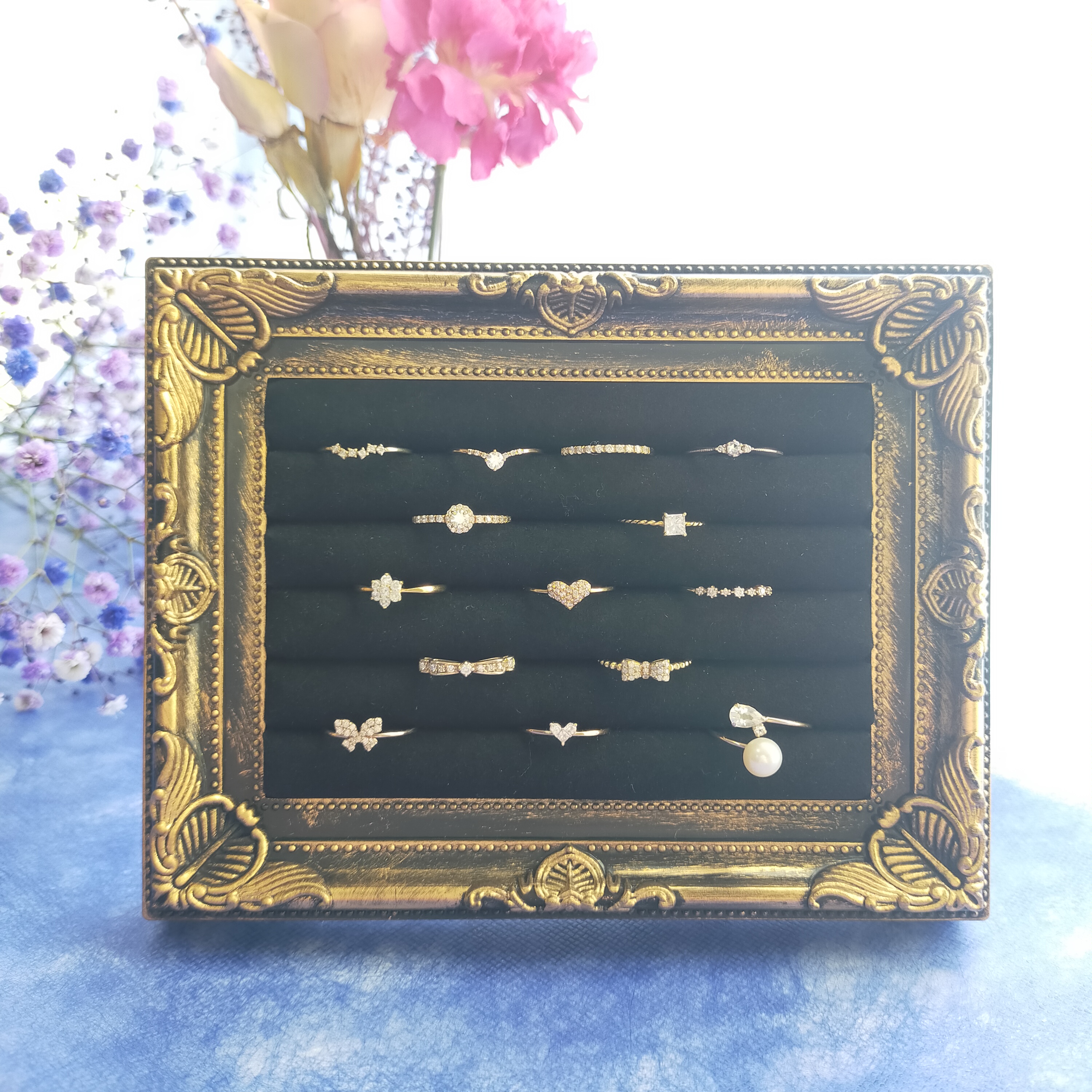 〜リングの爪を傷めないアンティークリング収納ケース　ゴールド×ブラックS〜　リングトレー  ジュエリーボックス　指輪什器