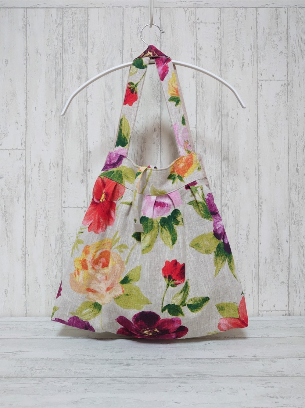 総リネン肩かけバッグ/フランス製生地/大き目/　海紅豆バッグ　No.⑥大きな花柄