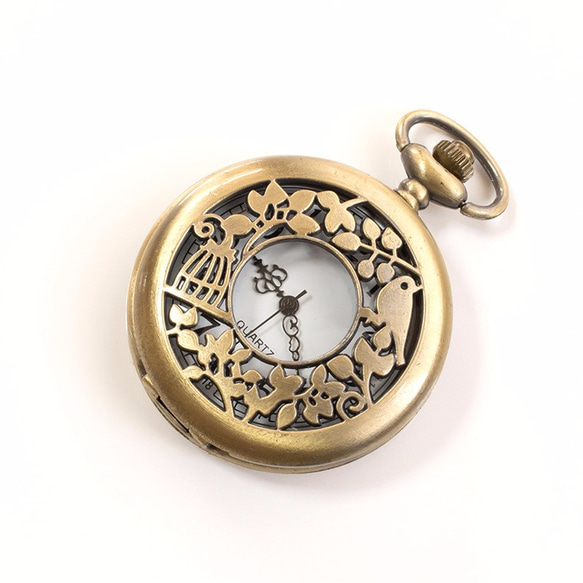 【懐中時計バッグチャーム】小鳥と鳥かごのアンティーク調クオーツ式懐中時計+コットンパールバッグチャーム 3枚目の画像