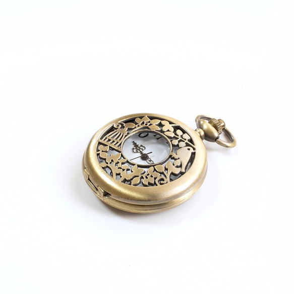 【懐中時計バッグチャーム】小鳥と鳥かごのアンティーク調クオーツ式懐中時計+コットンパールバッグチャーム 6枚目の画像
